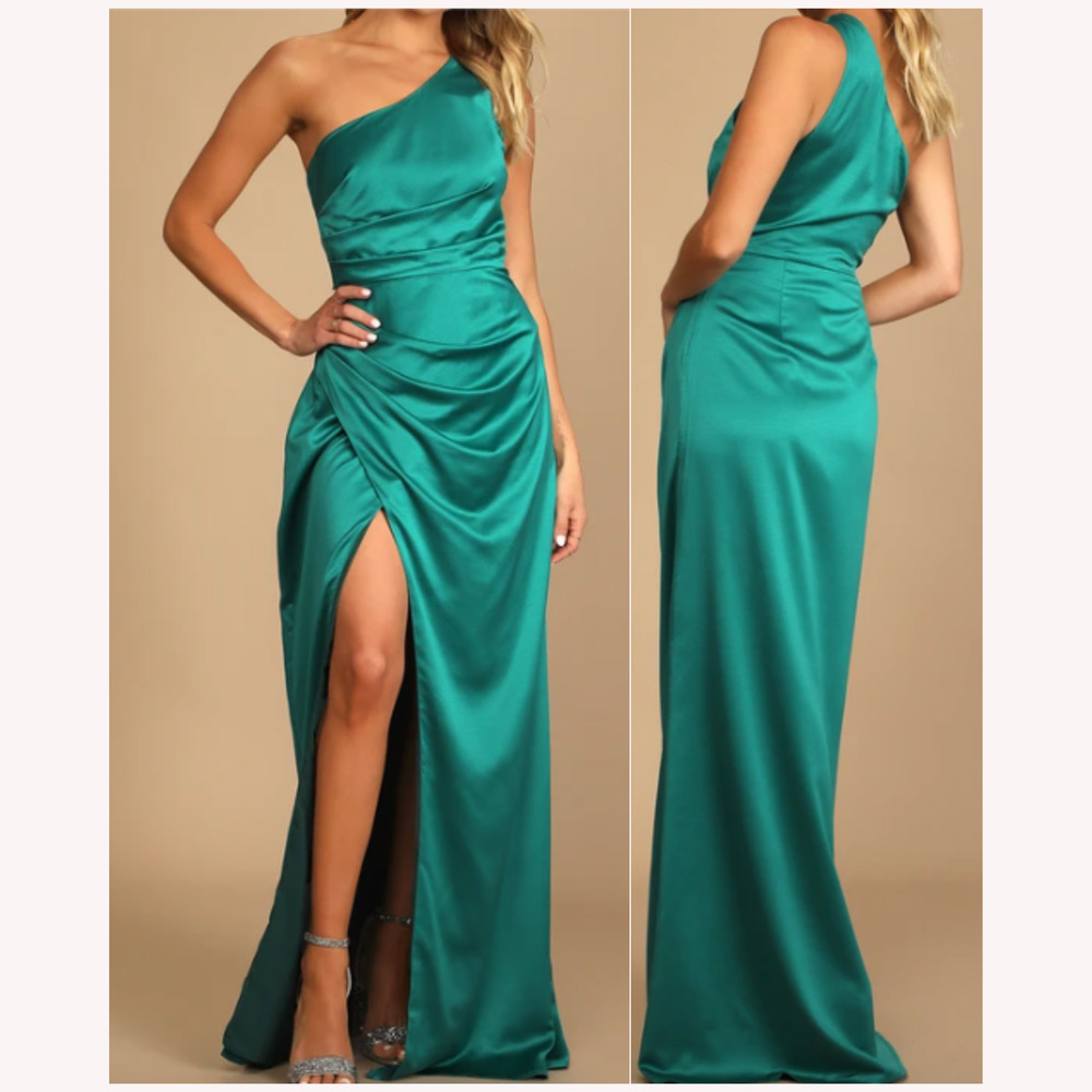 LULU'S XXL 2X Dreaming of Elegance Dark Teal Satin One-Shoulder Maxi Dress B21